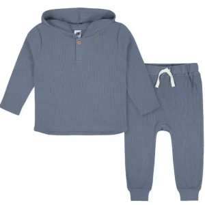 Blue Waffle Knit Hoodie & Jogger 2 Pc Set