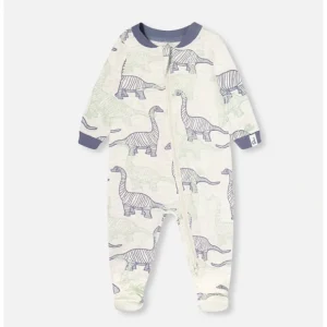 Pyjama beige chin imprim dinosaures en coton biologique - Deux par Deux